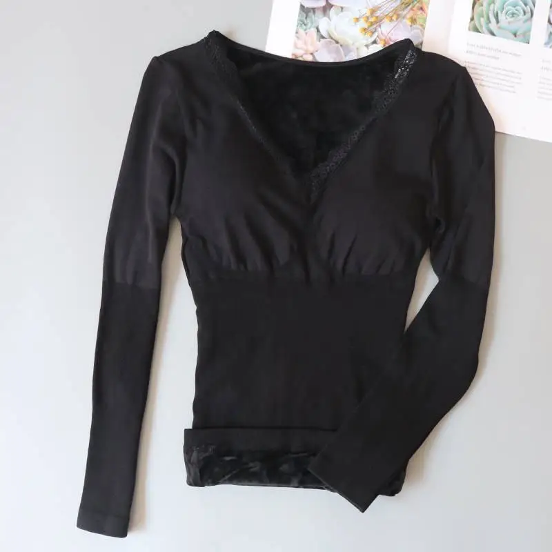 New Autumn Winter Women Thermal Underwear Female Plus Velvet Warm Thicken Body Shapped Slim Bottoming Top S21 |