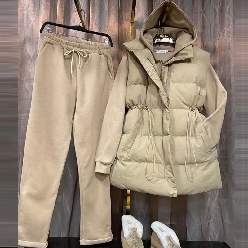 

2021 Spring Fall Lightweight New Arrival Padded Vest Zip Hooded Trousers Women Winter Warm 3pcs Sweatpants Suit Solid Color S-XL