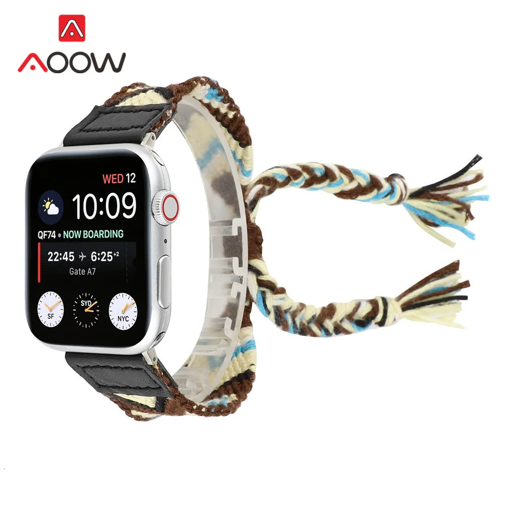 Красочная плетеная веревка ремешок для наручных часов Apple Watch 40 мм 44 мм, 38 мм, 42 мм, в народном стиле Стиль регулируемый браслет ремешок для наручных часов iWatch, версия 1, 2, 3, 4 года