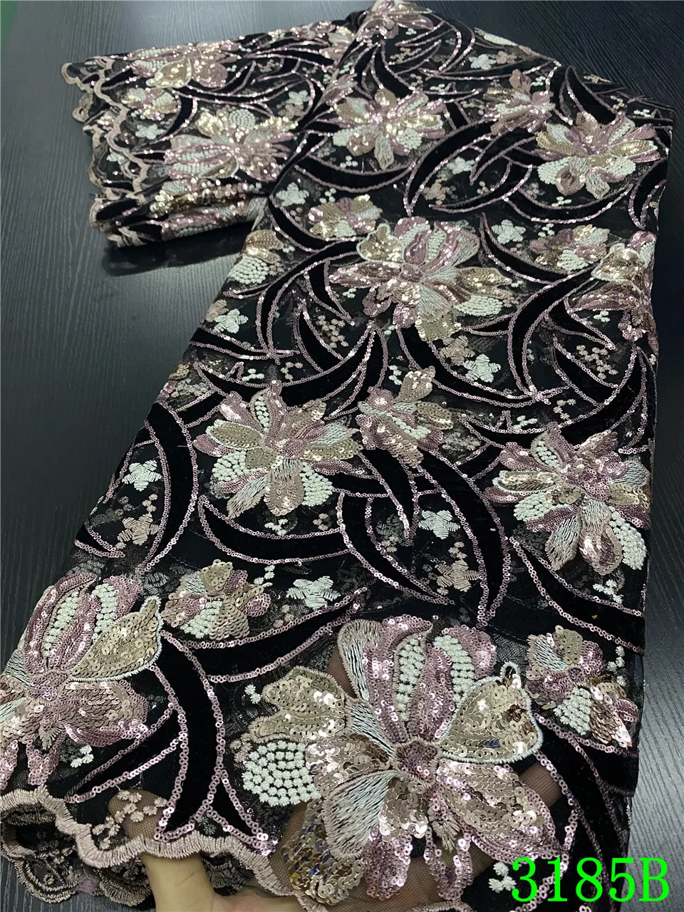 

African Velvet Sequins Lace Fabric Embroidery French Tulle LaceS Fabrics for Sewing Bridal Dress Nigerian Net Lace APW3185B