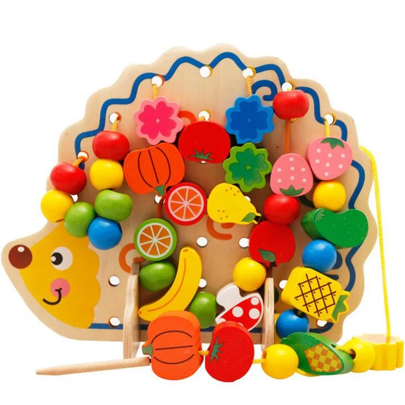 82 шт. деревянные фрукты овощи шнуровка нанизывающие бусы игрушки с ежиком доска