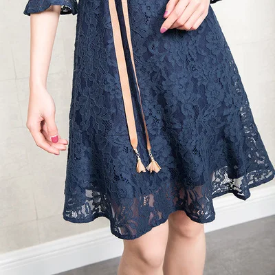 Женское кружевное платье с V-образным вырезом синее винтажное платье-трапеция