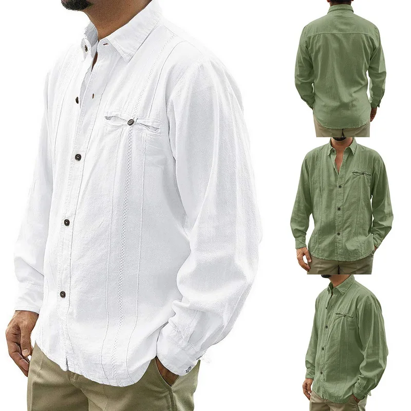OEAK мужские рубашки свободного кроя в Кубинском стиле Guayabera льняные рубашки повседневные пляжные рубашки на пуговицах M-3XL свободные однотонные рубашки с длинным рукавом