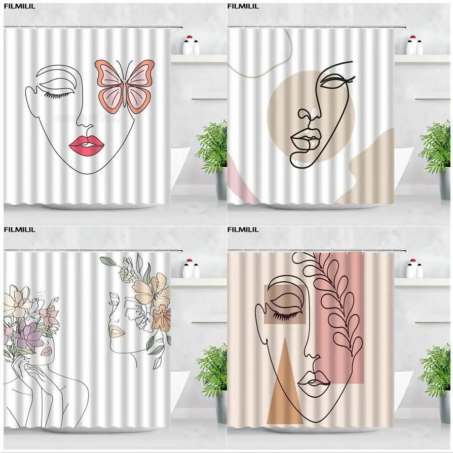 

3D Mid Century Geometric Shower Curtains Set Girl Flowers Butterfly Line Abstract Art Polyester Fabric Bathroom Decor with Hooks