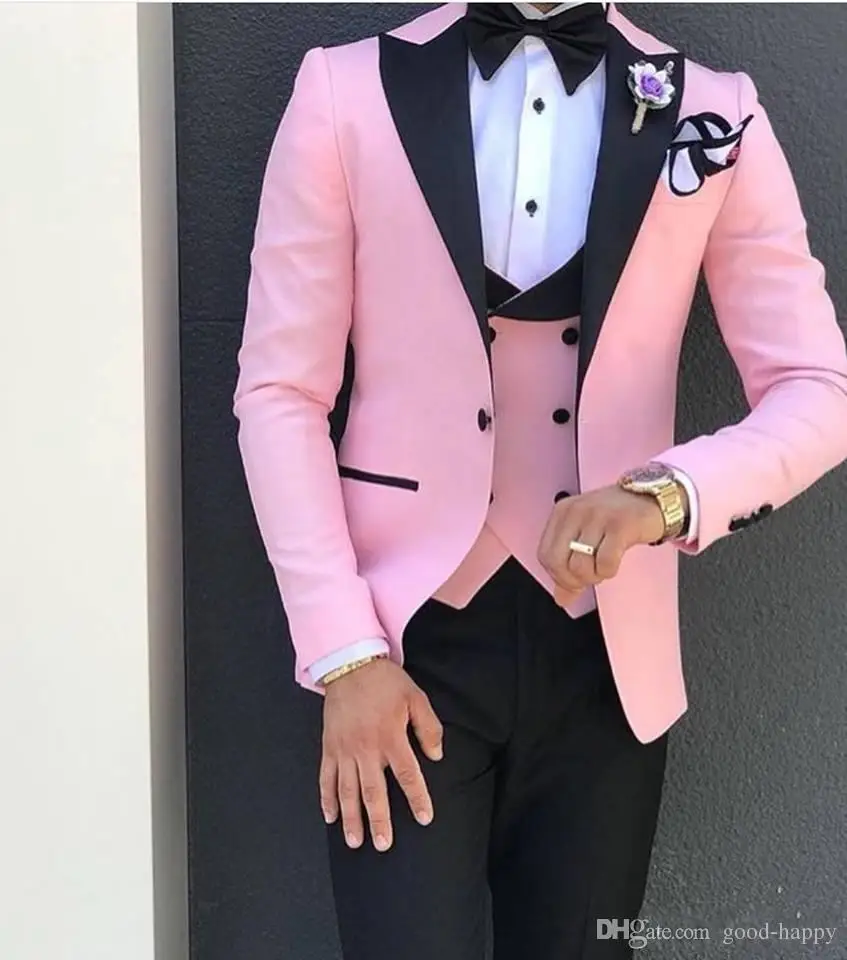 

Pink With Black Lapel Suits for Men Custom Made Terno Slim Groom Custom 3 Piece Wedding Mens Suit Masculino Jacket+Pant+Vest+Bow