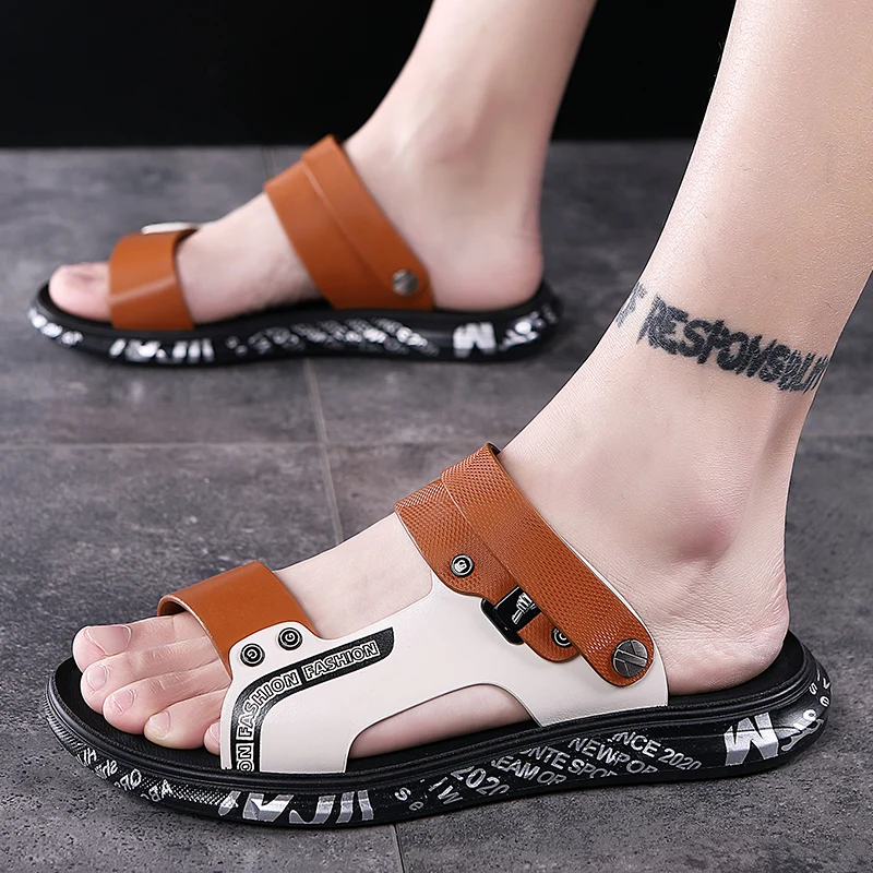 

Luxury brand handmade real leather shoes slippers summer outdoor men's beach slippers outdoor breathable comfortable sandals