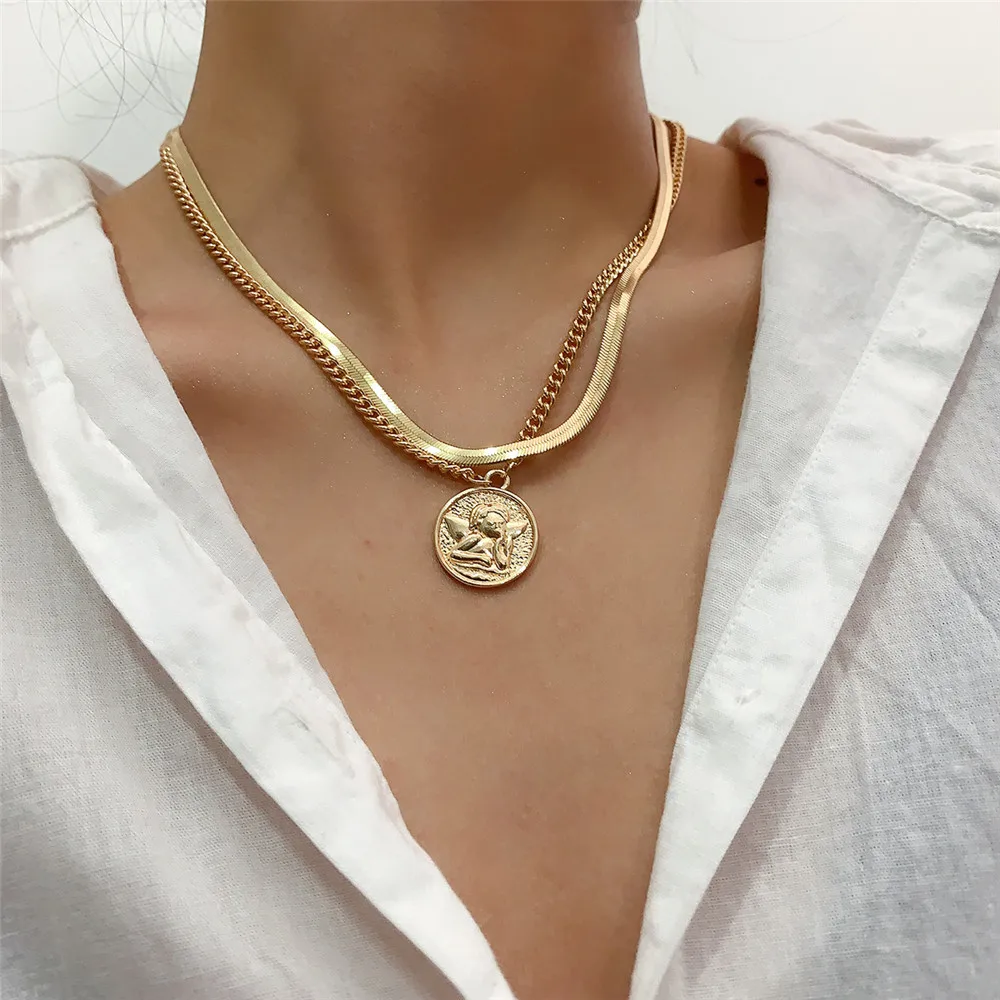 Простое ожерелье с подвеской в виде монеты ангела изысканная змеиная цепочка