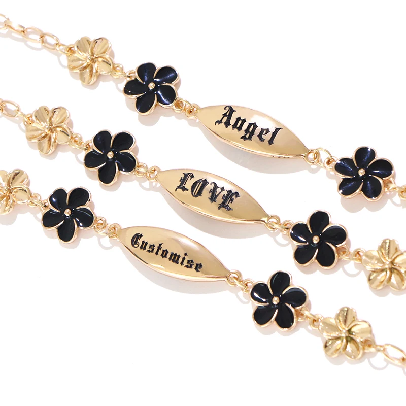 KOMi Custom Name Polynesian Hawaiian Samoa Marshall Plumeria Petite Heart Flower Charm Alloy Chain Bracelet Bangle Woman Jewelry