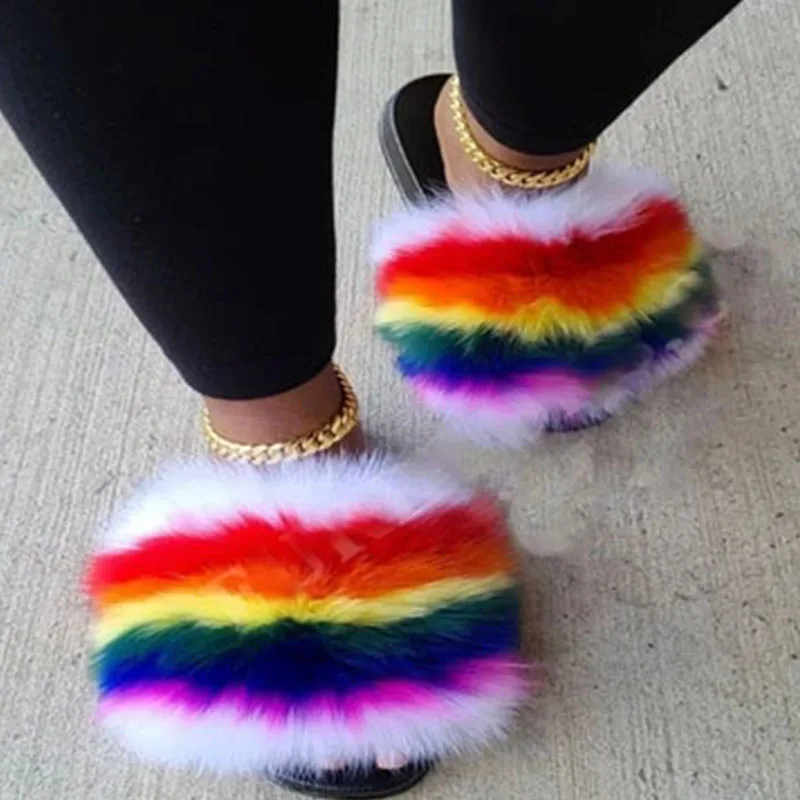 Real Fur Fluffy Slippers Women Ladies Shoes Zapatillas De Mujer Chanclas Mujer Fur Furry Slides Klapki Z Futerkiem Fuzzy Sandals