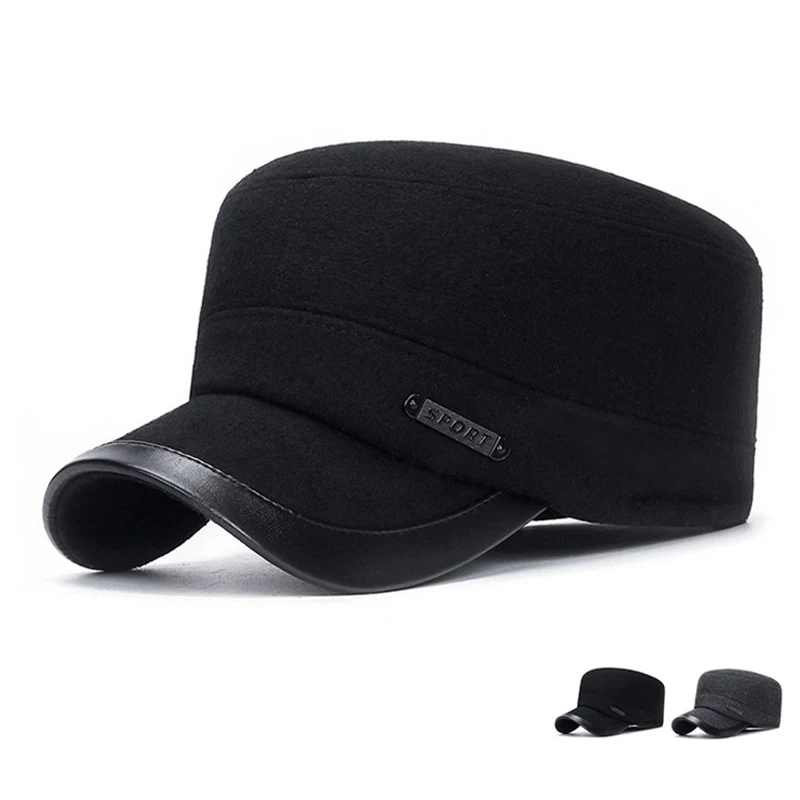 

Black Men's Peaked cap Warm Cap Top Hat Adjustable Thick Flat Top Cotton Men Flat Top Woolen Hat Comfortable Warm Skin-friendly