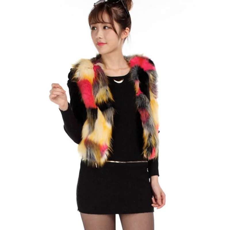 Шуба из искусственного меха весна-осень цветное женское меховое пальто без