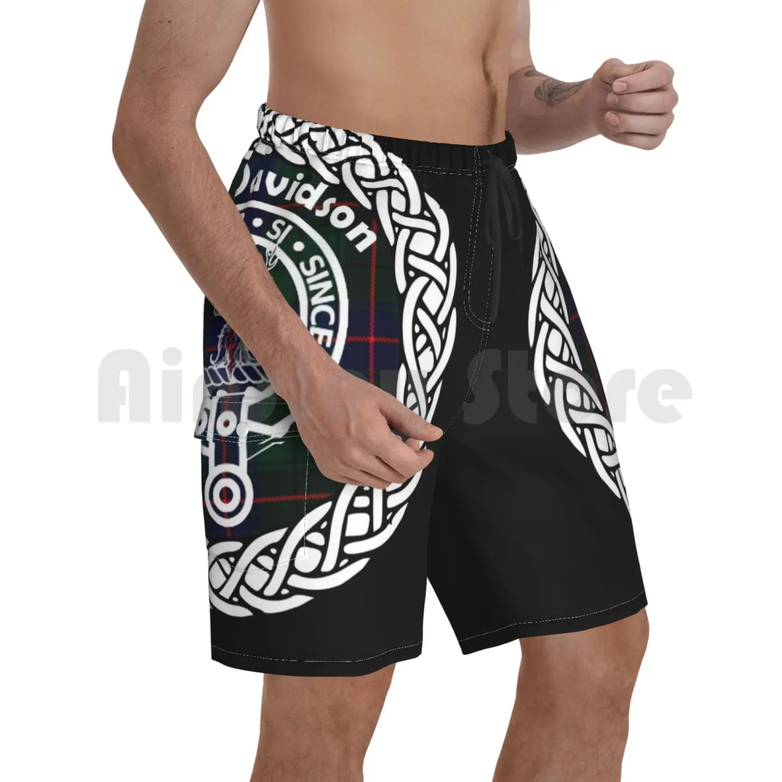 

Clan Davidson Surname Last Name Tartan Crest Badge Beach Shorts Men Beach Pants Swimwear Davidson Heraldry Coat Of