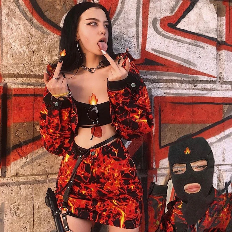 Rapwriter, модная женская куртка с принтом пламени и огня,, отложной воротник, длинный рукав, Харадзюку, пальто Карго, наряды, уличная одежда, осень