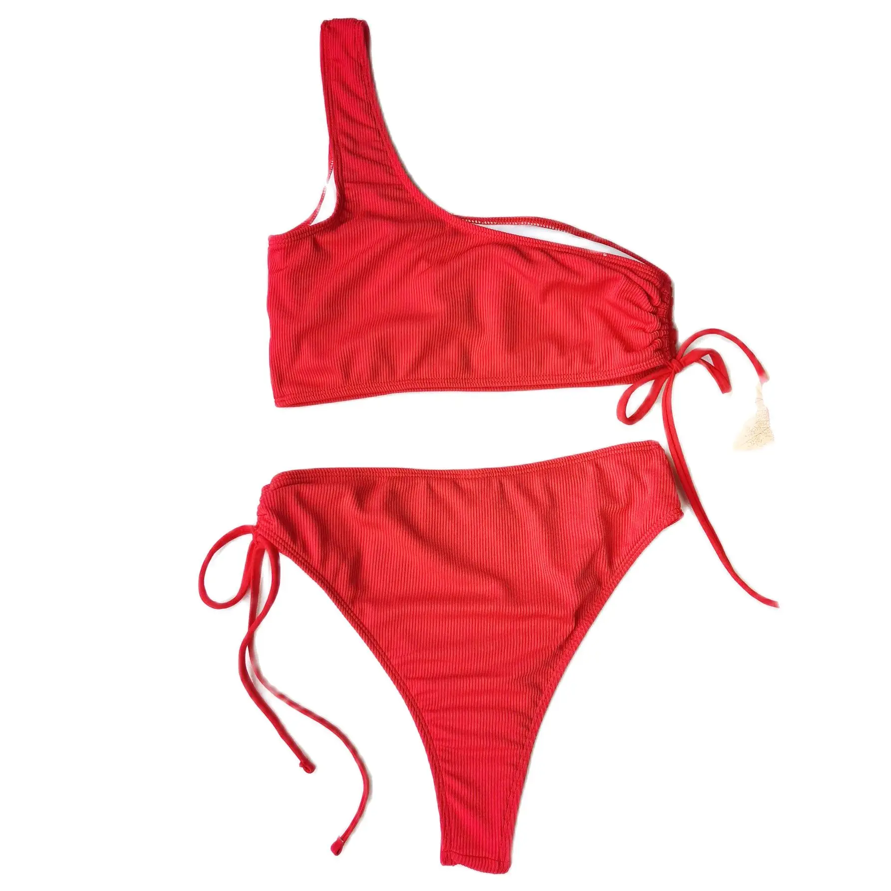 

New Sexy bikini set 2piece womens swimsuit One shoulder Solid color Ribbing swimwear Polyester Low waist push up Beachwear