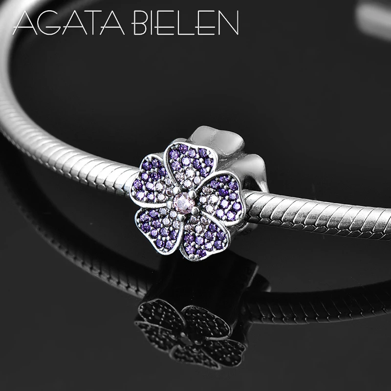 Длинные персиковые бусины в форме цветков 925 пробы серебристые фиолетовые CZ