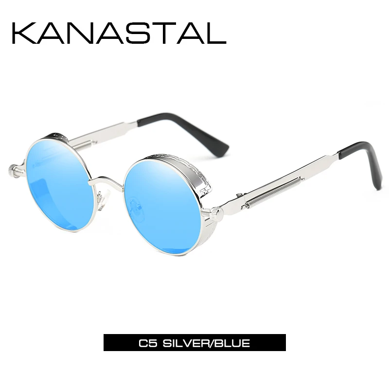 silver blue Круглые Солнцезащитные очки в стиле стимпанк, зеркальные Мужские и женские очки в стиле панк, брендовые дизайнерские ретро очки в оправе, винтажные весенние солнечные очки UV400 - Цвет линз: silver blue
