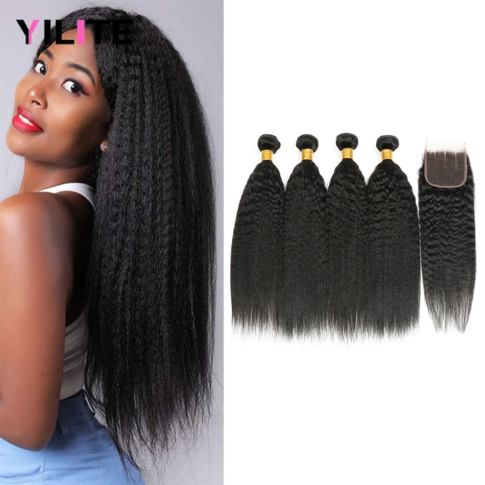 

Yaki Straight Natural 3 Bundles With Closure Sale Kinky Straight Malaysia Human Hair Bundle Deals With 4x4 HD Lace Closure Remy