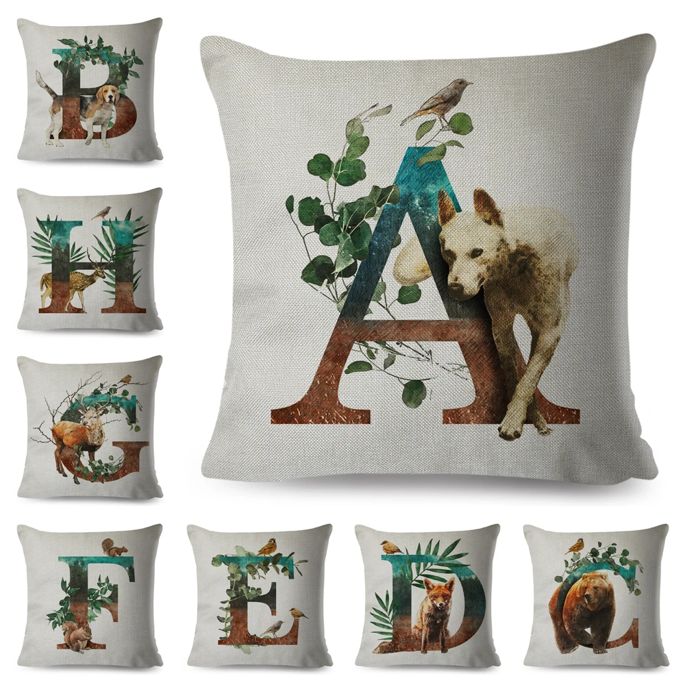 

A-Z Letter Cute Dog Fox Birds Cushion Cover Decor Cartoon Animal Plant Pillowcase for Sofa Home Car Polyester Pillow Case 45x45