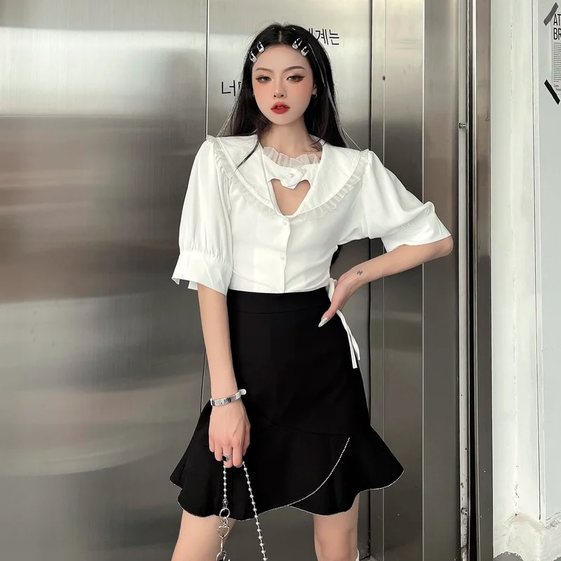 

Harajpoo Women Sets Summer Casual Suit Female Korean Ins Design Sense Hollow Short Sleeves Tops Black Hip Skirt Trend Two-piece