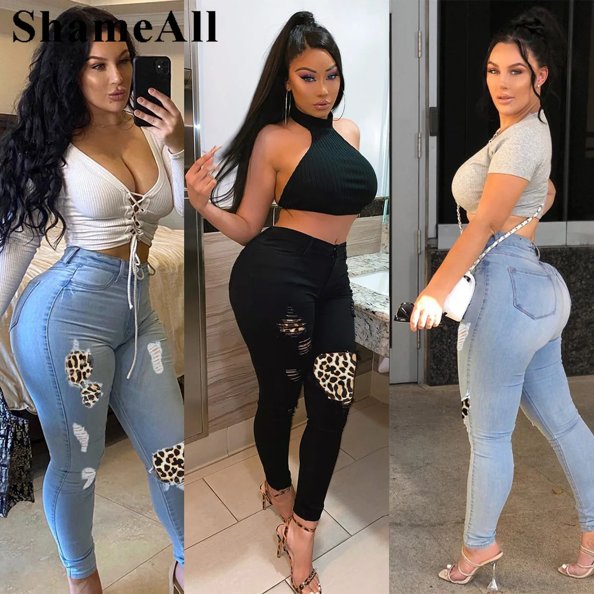 

Women Vintage Street Leopard Patchwork Ripped Black Skinny Jeans High Waist Denim Pant Y2k Sexy High Waist Push Up Pencil Jean