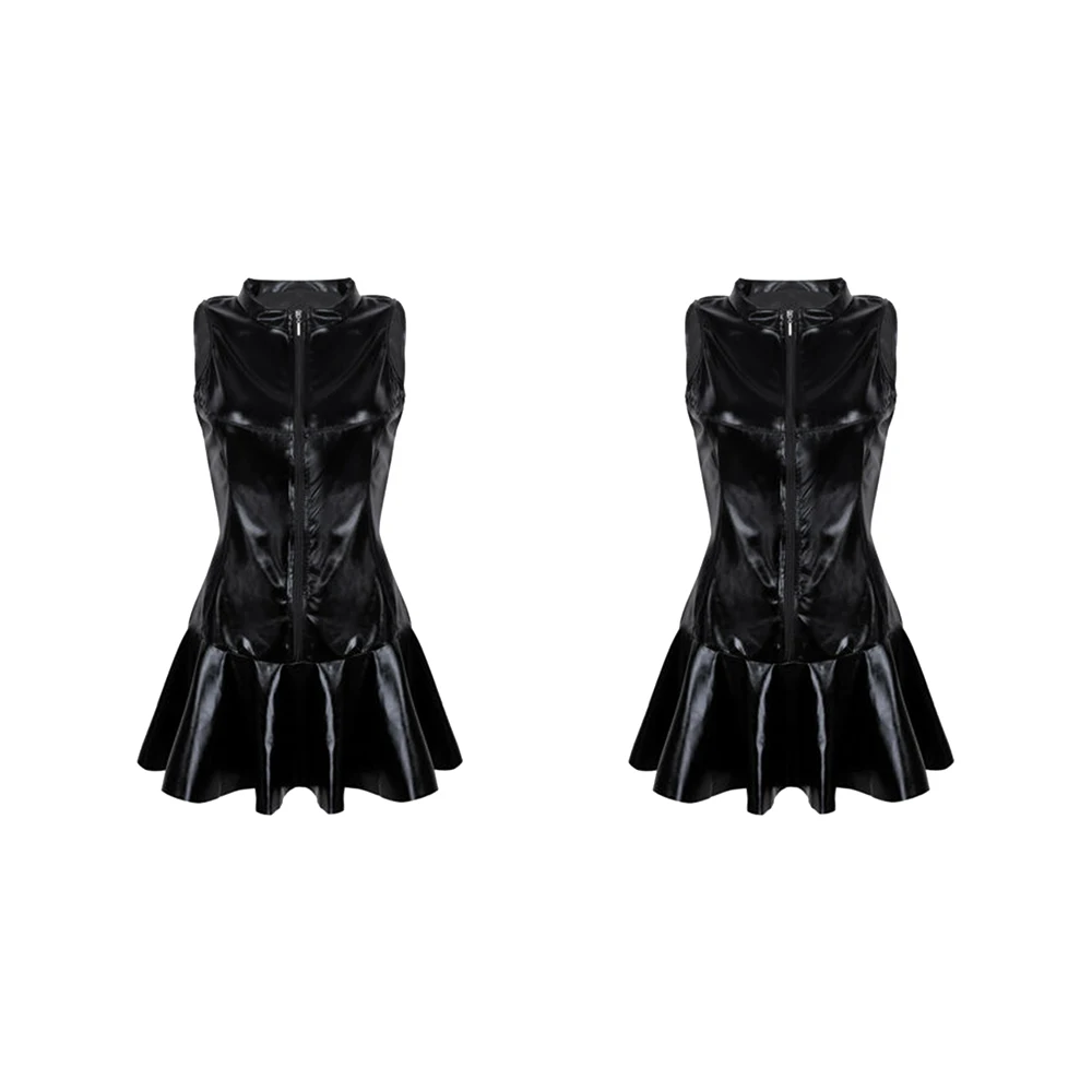 Эротическое платье из лакированной кожи с высоким воротником короткая молния