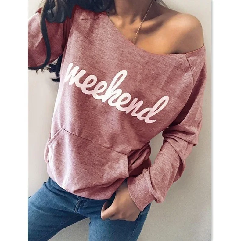 

Fall/Winter 2020 Women's Letter Print Long Sleeve Top Fashion Round Neck Sexy Off Shoulder Women Pocket Loose Top Street Wear