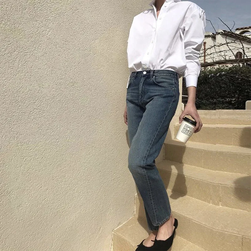 DEAT сплошной цвет Высокая талия неправильный шов прямые джинсовые брюки женские