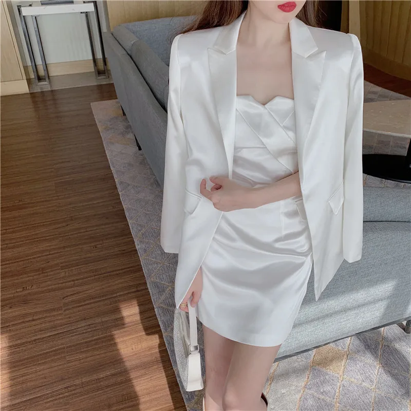 Sister Fara New Spring 2021 Strapless Mini Dress Woman Set+Elegant Slim Open Stitch Blazers Coat Office Lady Fashion 2 Piece Set