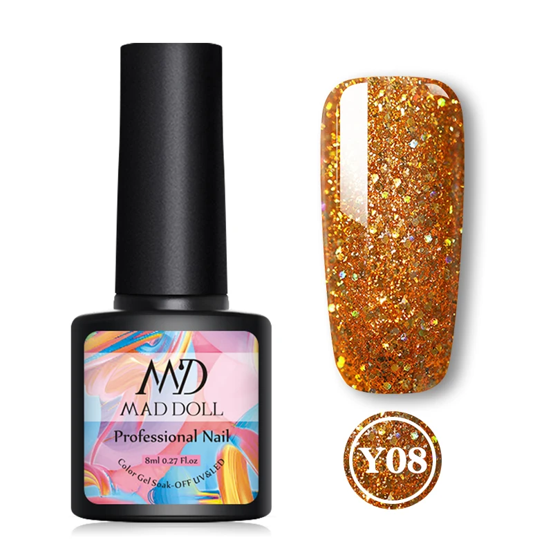 Y08 MAD DOLL, 8 мл, блестящий гель, матовый лак для ногтей, розовое золото, блестящий лак, замочить от УФ-ногтей, Гель-лак - Цвет: Y08