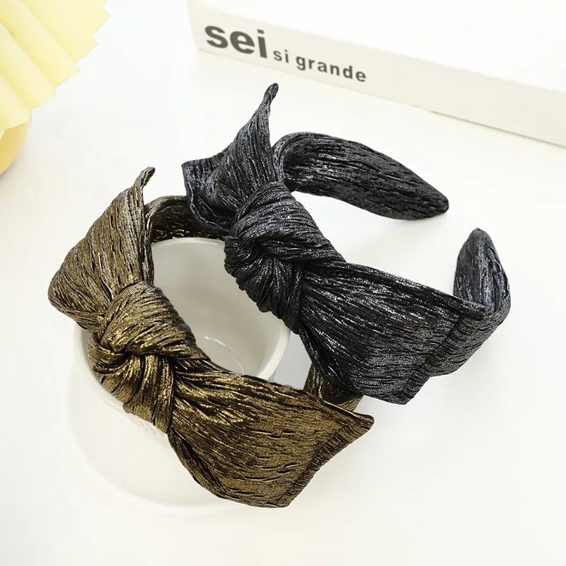 

Trendy Wide Headband Top Knotted Bowknot Hair bands Hairpin Bright Silk Fabric Hair hoop Woman Hair Accessories