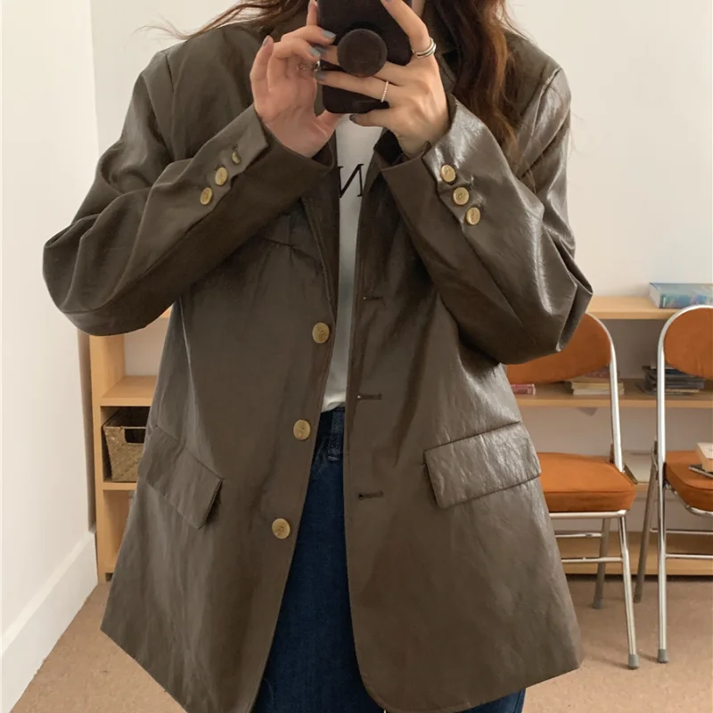 

Женский костюм из искусственной кожи, свободная однобортная куртка в Корейском стиле, повседневная винтажная уличная одежда из искусствен...