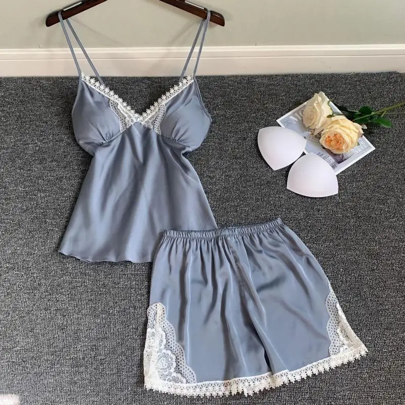 

Gray Satin Pajamas Set Lace Trim 2PCS Sleepwear Women V-neck Strap Top&Shorts Sleeveless Pijamas Suit Summer New Sleep Set
