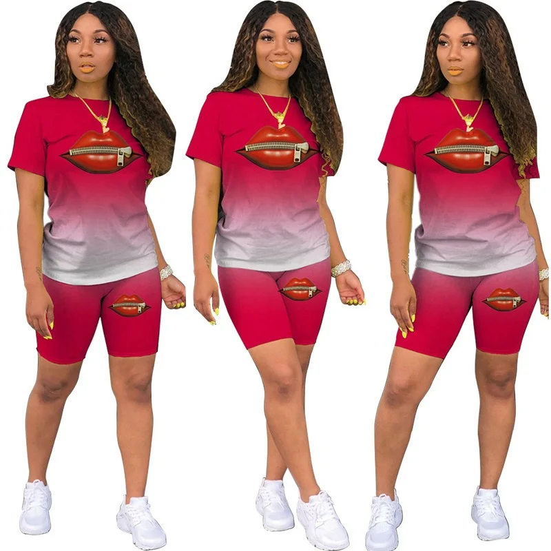 

Two Piece Set Tracksuit Women Summer New Classic Fashion Casual Gradient Lips Print Jogging Set Sporting Suit Outfits Female