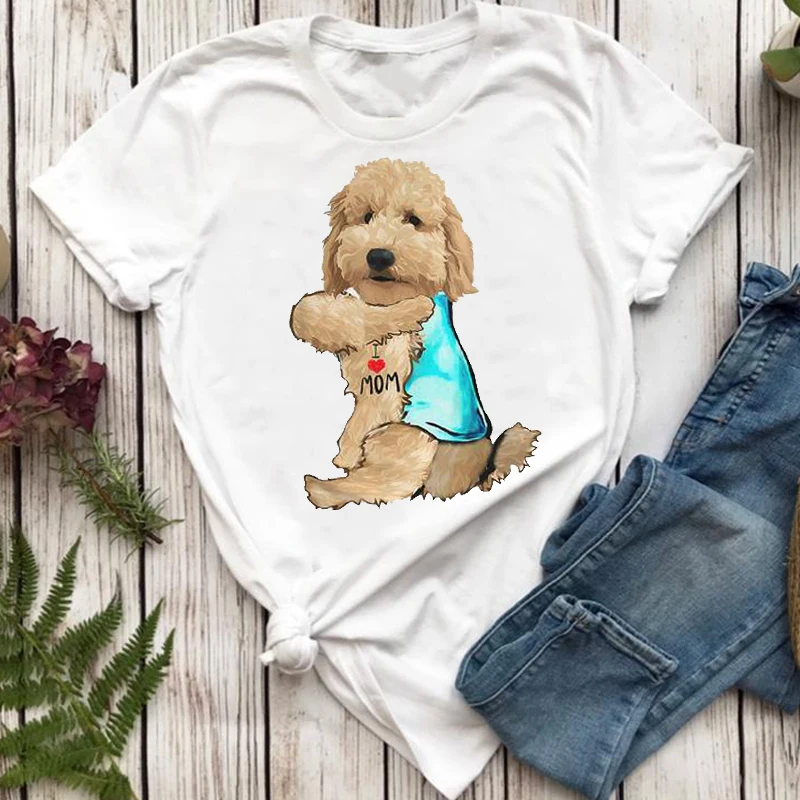 

Women T-shirts Kawaii Cartoon Happy Funny Printing Animal Dog Pet Mom Top Lady Tshirt Female Ladies Print Graphic Tee T-Shirt