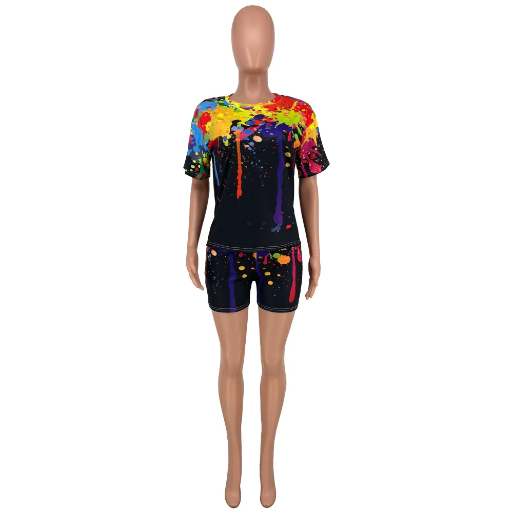 

Splash Ink Print Streetwear Two Piece Outfits Women O Neck Short Sleeve Loose Tshirt and Bodycon Short Loungewear Summer Suits