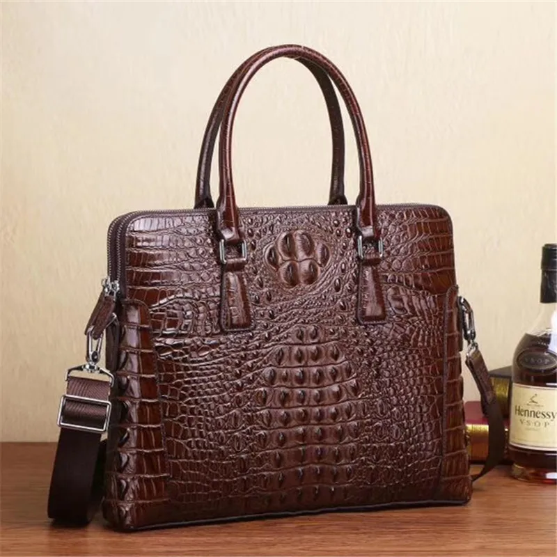 Кожаная мужская сумка горизонтальный двойной портфель деловая с крокодиловым