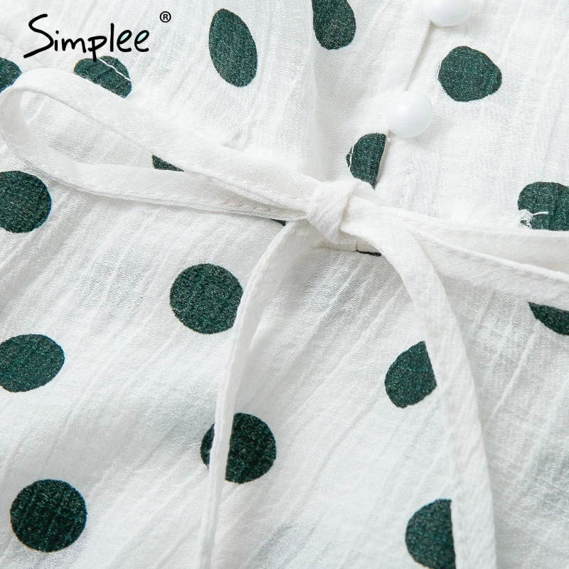 Simplee Sexy polka dot long sleeve women blouses and tops V neck pullover lace up blouse shirt Summer elegant female white |