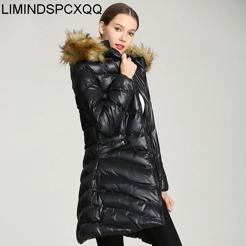 

Kobiety Płaszcze Glossy Down Padded Jacket Mid-length Warm Female Coats Slim Removable Hooded Fur Collar Chaquetas 2021 Winter