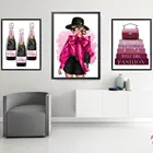 Розовая Модная девушка с солнцезащитными очками, холст, планшетофон и печать книг, настенные картины для гостиной, домашний декор