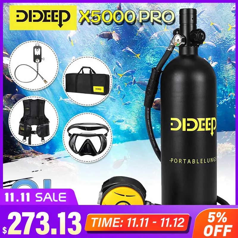 

DIDEEP Snorkeling Equipment 2L Scuba Diving Tank Vest bag Adapter Diving Mask Storage Bag Mini Cylinder Oxygen Tank Kit Black