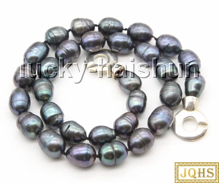 

Genuine baroque 17" 14mm peacock black rice oval pearls necklace 925s clasp c65
