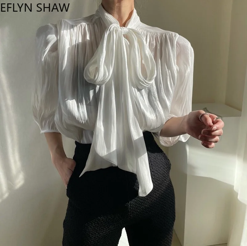 

Женские топы в стиле ретро, летняя винтажная блузка свободного кроя с шарфом, воротником-бантом и блестящим блеском, белая однотонная рубаш...