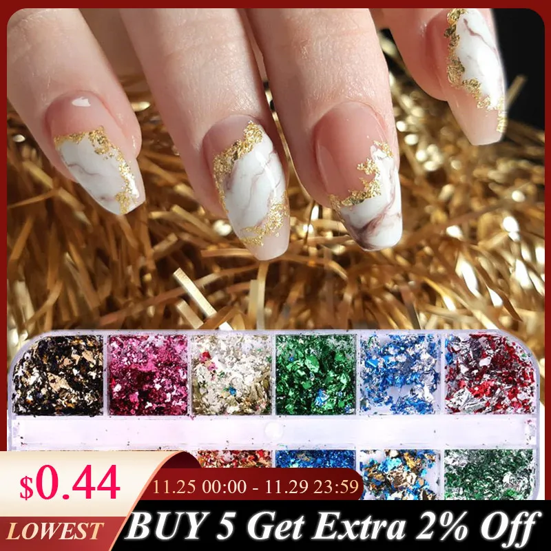 

12 Grids Gold Foils Nail Glitter Flakes Irregular Aluminum Foil Sequins For Nails Chrome Powder Nail Art Decoration Nail Design