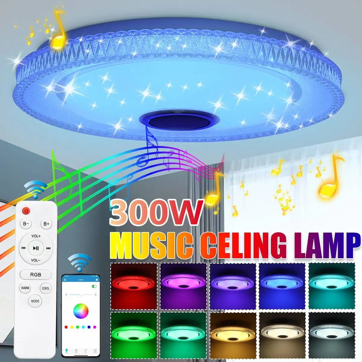 

300W WiFi Modern RGB Dimmable Smart LED Ceiling Light Home Lighting Remote & APP Control bluetooth Speaker Music Ceiling Lamp