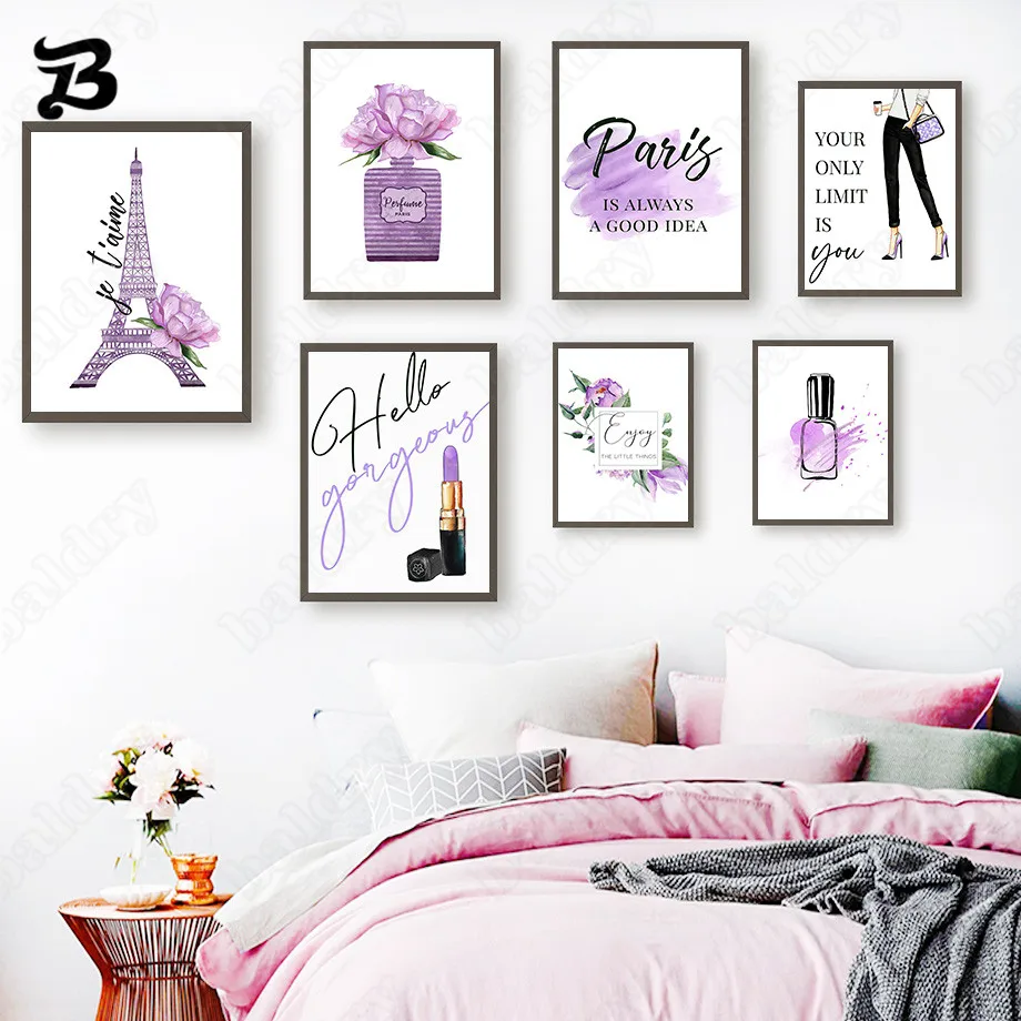 

Canvas Painting for Living Room Vogue Art Purple Lips Violet Perfume Quote Paris Tower Wall Art Posters and Prints Home Decor