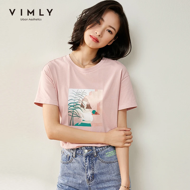 Футболка Vimly Женская хлопковая с принтом повседневный Свободный Топ круглым