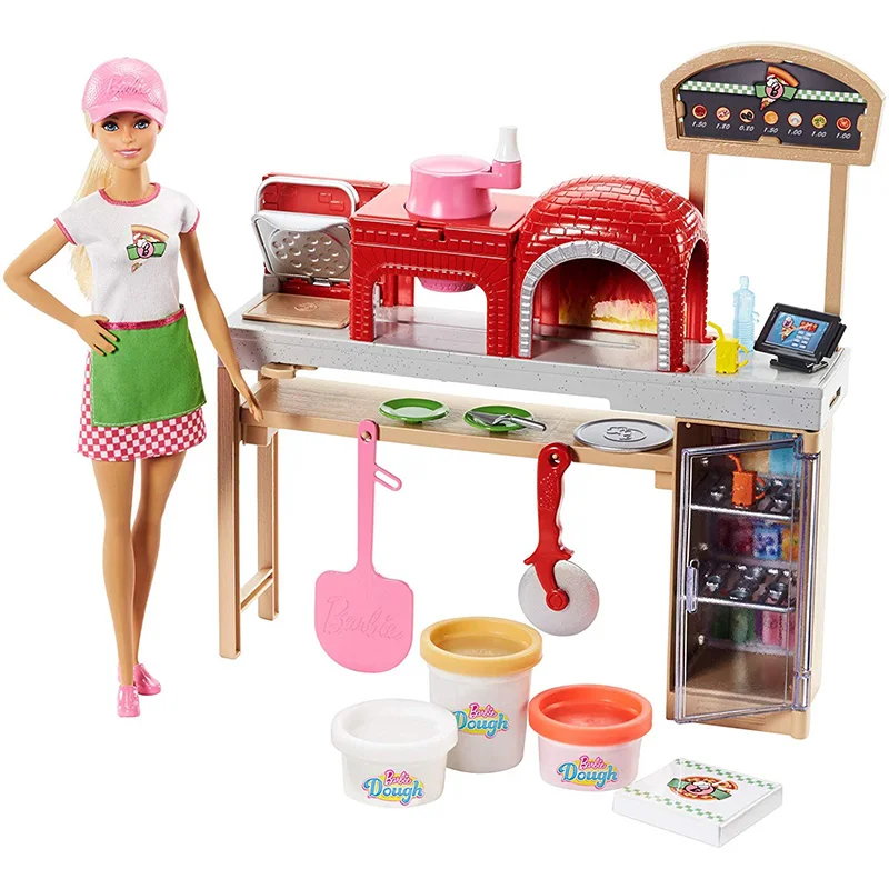 

Original Barbie Doll Blonde Pizza Chef and Playset Furnitures Career Toys for Girls Doll House Accessories Genuine Barbie Dolls