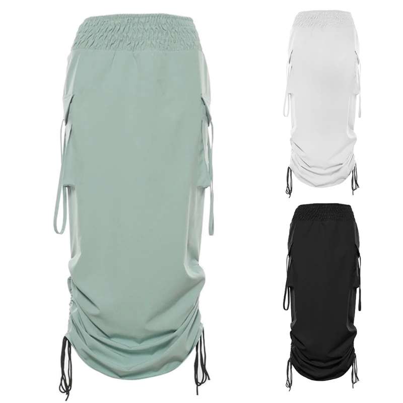 

Women Autumn Elastic High Waist Maxi Long Straight Cargo Skirt Side Ruched Drawstring Solid Color Casual Loose Streetwear M7DD