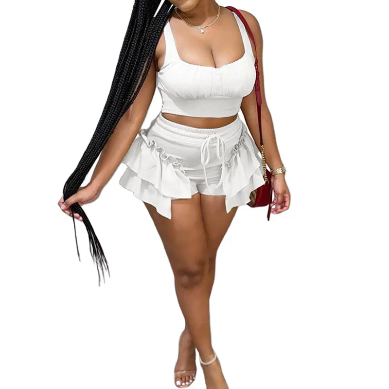 

Women Two Piece Sweet Suits Sleeveless Crop Top & Ruffles Sexy Shorts Set Summer Chic Streetwear 2021