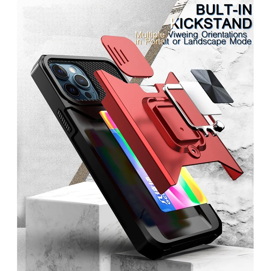 

Card Waller Case for iPhone 12 Mini Pro Max Slide Camera Lens Protection Case For iPhone 11 Plus Ring Holder Cover